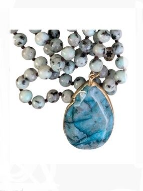 Spotted Leopard Jasper. Blue Quartz Pendant 51”. Handmade